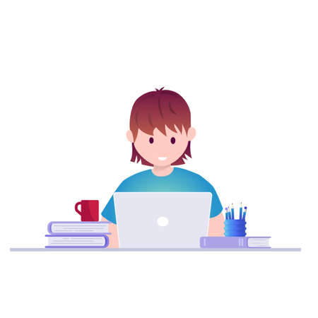 Online education, self learning concept vector illustration. Student studying with laptop.のイラスト素材