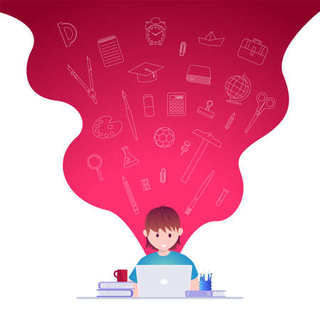 Online education, self learning concept vector illustration. Student studying with laptop. Educational supply line icons set.のイラスト素材