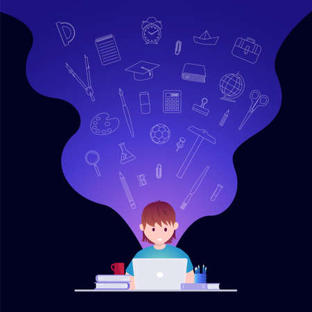 Online education, self learning concept vector illustration. Student studying with laptop. Educational supply line icons set.のイラスト素材
