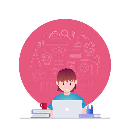 Online education, self learning concept vector illustration. Student studying with laptop. Educational supply line icons set.のイラスト素材