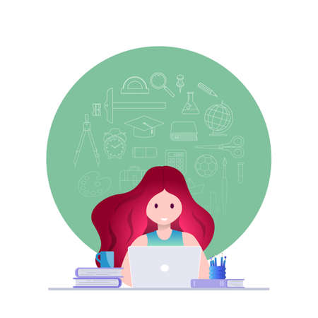Online education, self learning concept vector illustration. Student studying with laptop. Educational supply line icons set.のイラスト素材