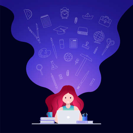 Online education, self learning concept vector illustration. Student studying with laptop. Educational supply line icons set.のイラスト素材
