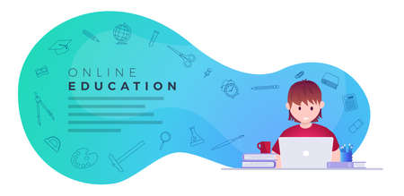 Online education, self learning concept vector illustration. Student studying with laptop. Educational supply line icons set.のイラスト素材