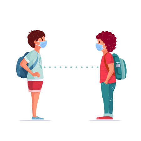 School friends are talking. Medical masked kids standing with social distancing. Children in pandemic times. Covid-19 concept vector illustration.のイラスト素材