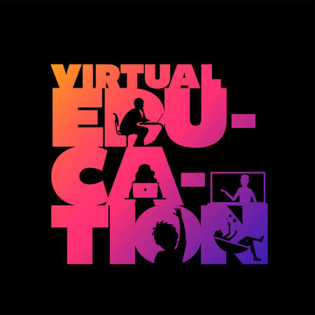 Virtual education concept typographic design vector. Silhouette students watching lesson, boy raises hand in the lesson and the teacher explains the lesson in laptop.のイラスト素材