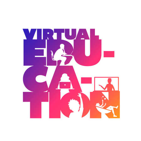Virtual education concept typographic design vector. Silhouette students watching lesson, boy raises hand in the lesson and the teacher explains the lesson in laptop.のイラスト素材