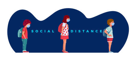Children wearing medical masks are standing in accordance with social distance rules. Covid-19 and children safe concept vector illustration.のイラスト素材