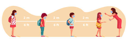 Students are waiting in line. The teacher measures the fever of the students. The teacher gives the students antidisinfectants. Back to school in pandemic times.のイラスト素材