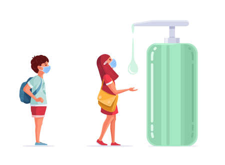 School children use disinfectant. Medical masked kids standing with social distancing. Children in pandemic times. Covid-19 concept vector illustration.のイラスト素材