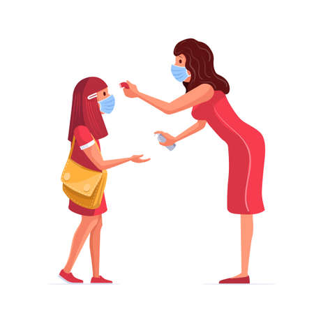 The teacher measures the fever of the student. The teacher gives the student antidisinfectants. Back to school in pandemic times.のイラスト素材