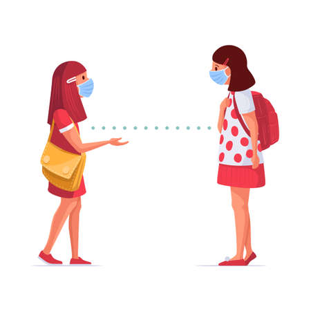 School friends are talking. Medical masked kids standing with social distancing. Children in pandemic times. Covid-19 concept vector illustration.のイラスト素材