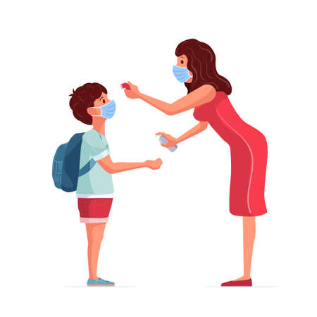 The teacher measures the fever of the student. The teacher gives the student antidisinfectants. Back to school in pandemic times.のイラスト素材