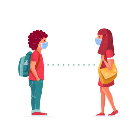 School friends are talking. Medical masked kids standing with social distancing. Children in pandemic times. Covid-19 concept vector illustration.のイラスト素材
