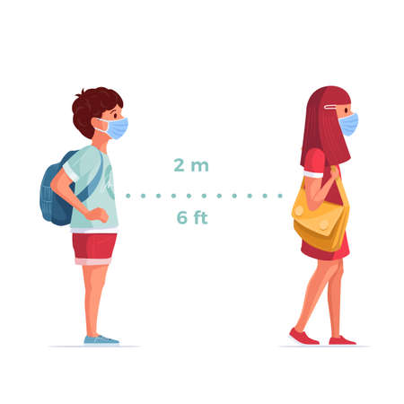 Children wearing medical masks are standing in accordance with social distance rules. Covid-19 and children safe concept vector illustration.のイラスト素材