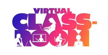 Virtual classroom concept typographic design vector. Silhouette students watching lesson, and the teacher explains the lesson in laptop.のイラスト素材