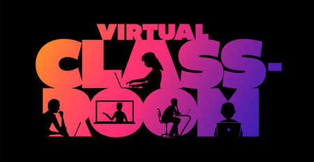 Virtual classroom concept typographic design vector. Silhouette students watching lesson, and the teacher explains the lesson in laptop.のイラスト素材