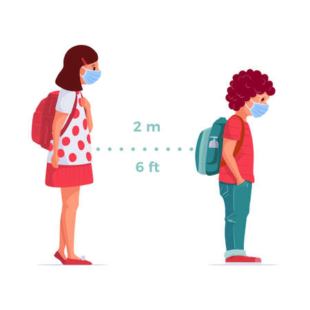 Children wearing medical masks are standing in accordance with social distance rules. Covid-19 and children safe concept vector illustration.のイラスト素材