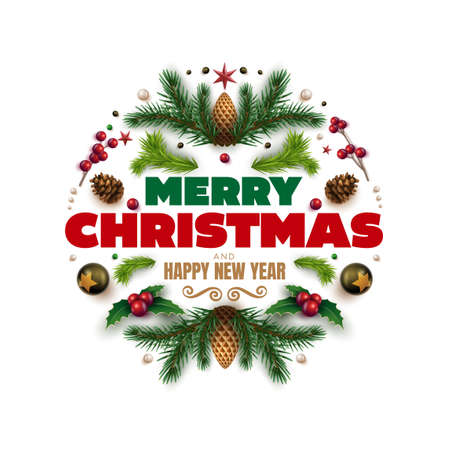Merry Christmas and happy new year greeting card. Christmas wreath design with festive Christmas decoration ornaments and objects. Vector illustration.のイラスト素材