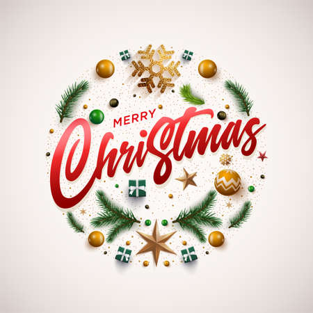 Merry Christmas and happy new year greeting card. Christmas wreath design with festive Christmas decoration ornaments and objects. Vector illustration.のイラスト素材