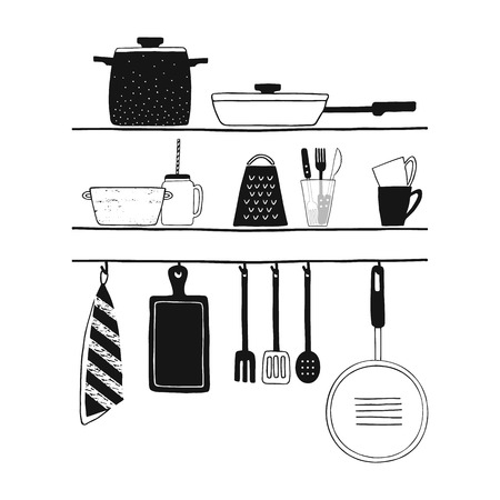 Cookware isolated vector set. Hand drawn kitchenware icons. Kitchen interior design concept. Black and white cooking utensils, kitchen utensils collection. Vector illustration on white backgroundのイラスト素材
