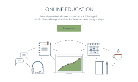 Design concept for studying, learning, distance and online education. Flat line web banner. Vector illustrationのイラスト素材
