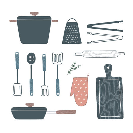 Pan, pot, oven mitt, spatula, ladle, turner, spoon, tongs, grater, rolling pin, wooden cutting board set. Hand drawn cooking utensils. Cookware, kitchenware, kitchen utensils.のイラスト素材