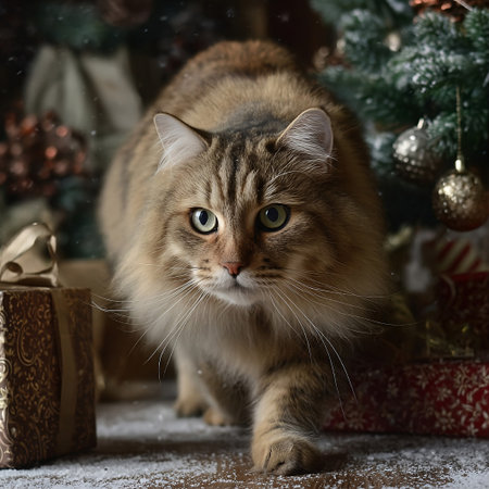 Portrait of siberian cat on the background of Christmas treeの素材