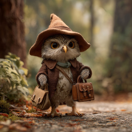 A cute little owl character dressed in vintage clothing. The owl, wearing a hat and carrying a briefcase, is seen in an autumn forest.の素材