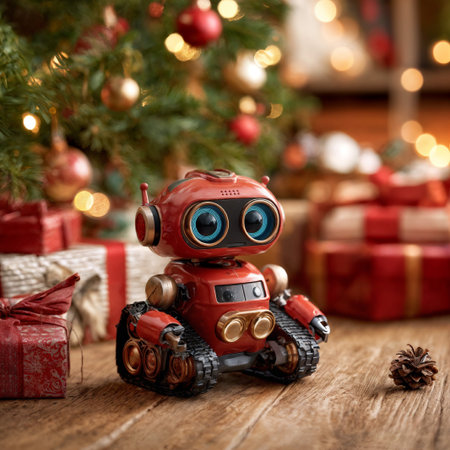 Vintage robot toy on the background of a Christmas tree and gifts. Red cute robot car with blue eyes on tracks. Christmas cone on the floor. Festive atmosphere.の素材