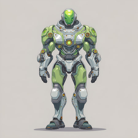 A massive gray robot soldier with green details. Character illustration on a gray background.の素材
