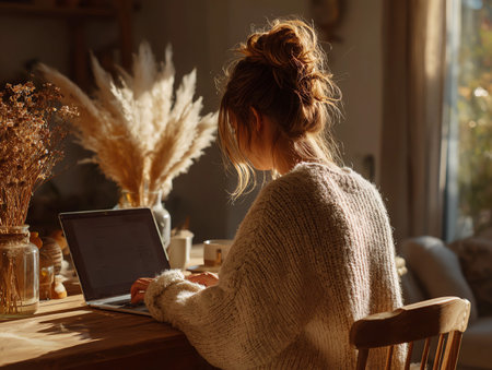 A rear view of a young woman with a high hairstyle and a sweater, sitting in a chair at a table and using a laptop. Soft lighting, autumn theme.の素材