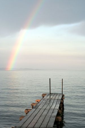 Rainbow over the sea, Denmarkの写真素材