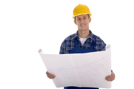 Manual worker examining blueprints