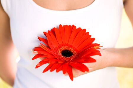 Young woman holding flowerの写真素材