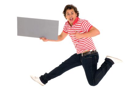 Casual man jumping with posterの写真素材