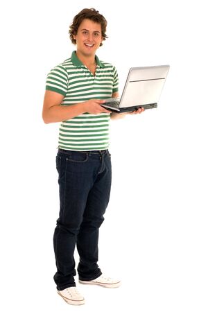 Young man holding laptopの写真素材