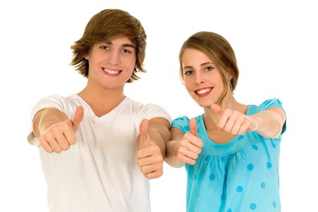 Young couple with thumbs upの写真素材