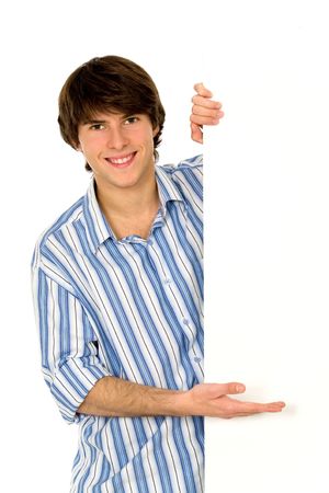 Young man holding blank posterの写真素材