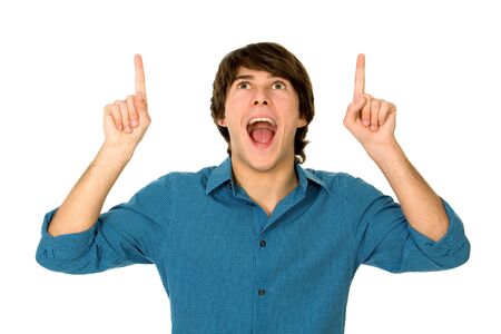 Young man pointing upの写真素材