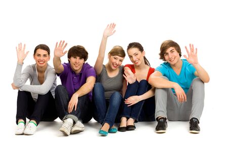 Friends waving handsの写真素材