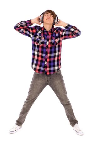 Teenage boy wearing headphonesの写真素材