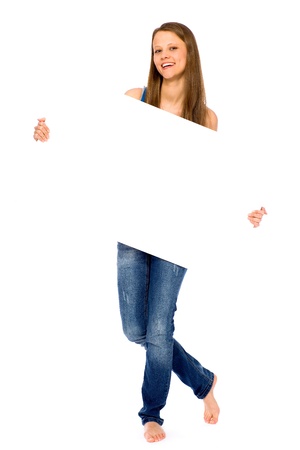 Girl holding blank placardの写真素材