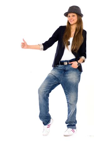 Stylish girl with thumbs upの写真素材