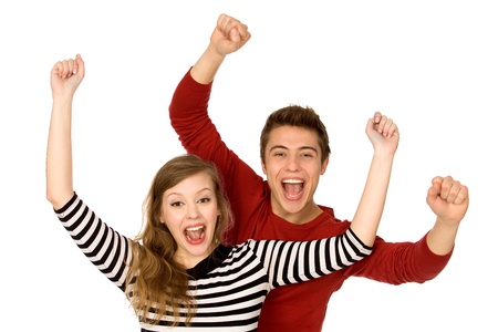 Couple with arms raisedの写真素材