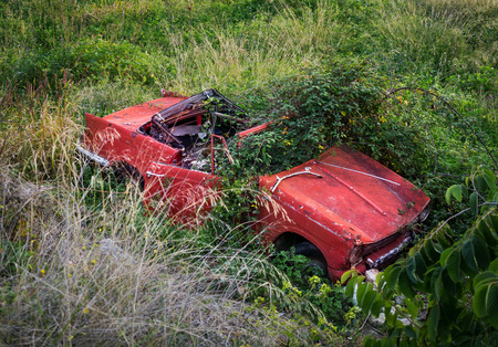 Abandoned wrecked car, Malaga province, Andalusia, Spainの写真素材