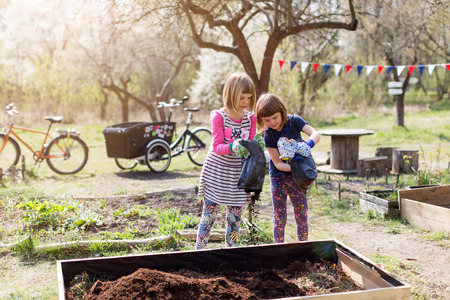 Two little girls gardening in a urban community gardenの写真素材