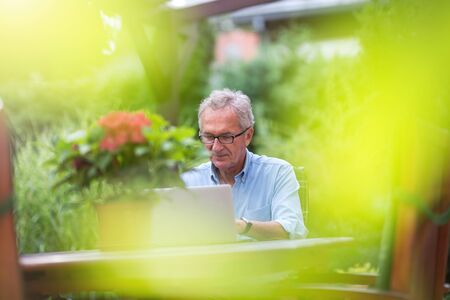 Senior man working on laptop in the gardenの写真素材