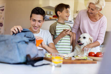 Mother preparing healthy lunch boxes for her two sons before going to schoolの写真素材