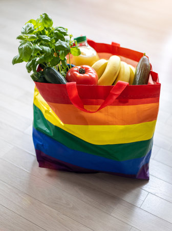 Colorful grocery bag filled with foodの写真素材
