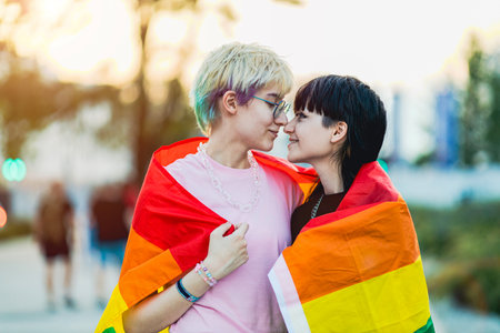 Portrait of a gender fluid couple wearing rainbow flagの写真素材